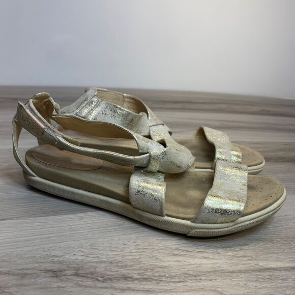 ECCO Damara Criss Cross Sandals Gravel Metallic Leather EU 37 Gold Silver US 6 - Picture 1 of 13